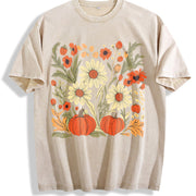 Boho Fall Floral Retro Fall Vintage Washed T-Shirt in Beige