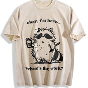 Cute Raccoon Work Coffee Vintage Washed T-Shirt in Beige