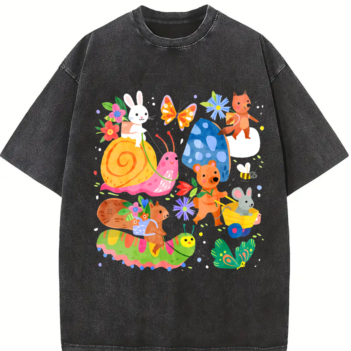 Cute Forest Animals and Mushrooms Vintage Washed T-Shirt in Black