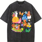 Cute Forest Animals and Mushrooms Vintage Washed T-Shirt in Black