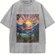 Heavy - with Front & Back Geometric Soft Breathable vintage washed oversized T-shirt in Gray