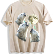 Baby Polar Bear Howling to Moon 90s Vintage Washed T-Shirt in Beige