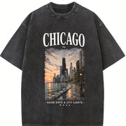 Chicago Illinois Windy City Travel Souvenir Urban Skyline Vintage Washed T-Shirt in Black