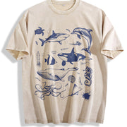Sea Creatures 90s Tattoo Sea Animal Vintage Washed T-Shirt in Beige