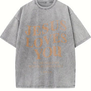 Christian Jesus Is King Love You God Faith Religious Bible Vintage Washed T-Shirt in Gray