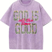 God Is Good All The Time Retro Distressed Camo Christian vintage washed oversized T-shirt in Purple