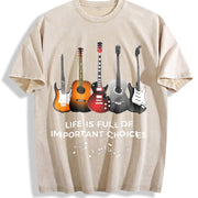 With Music Note & Guitar Lyric Vintage Washed T-Shirt in Beige
