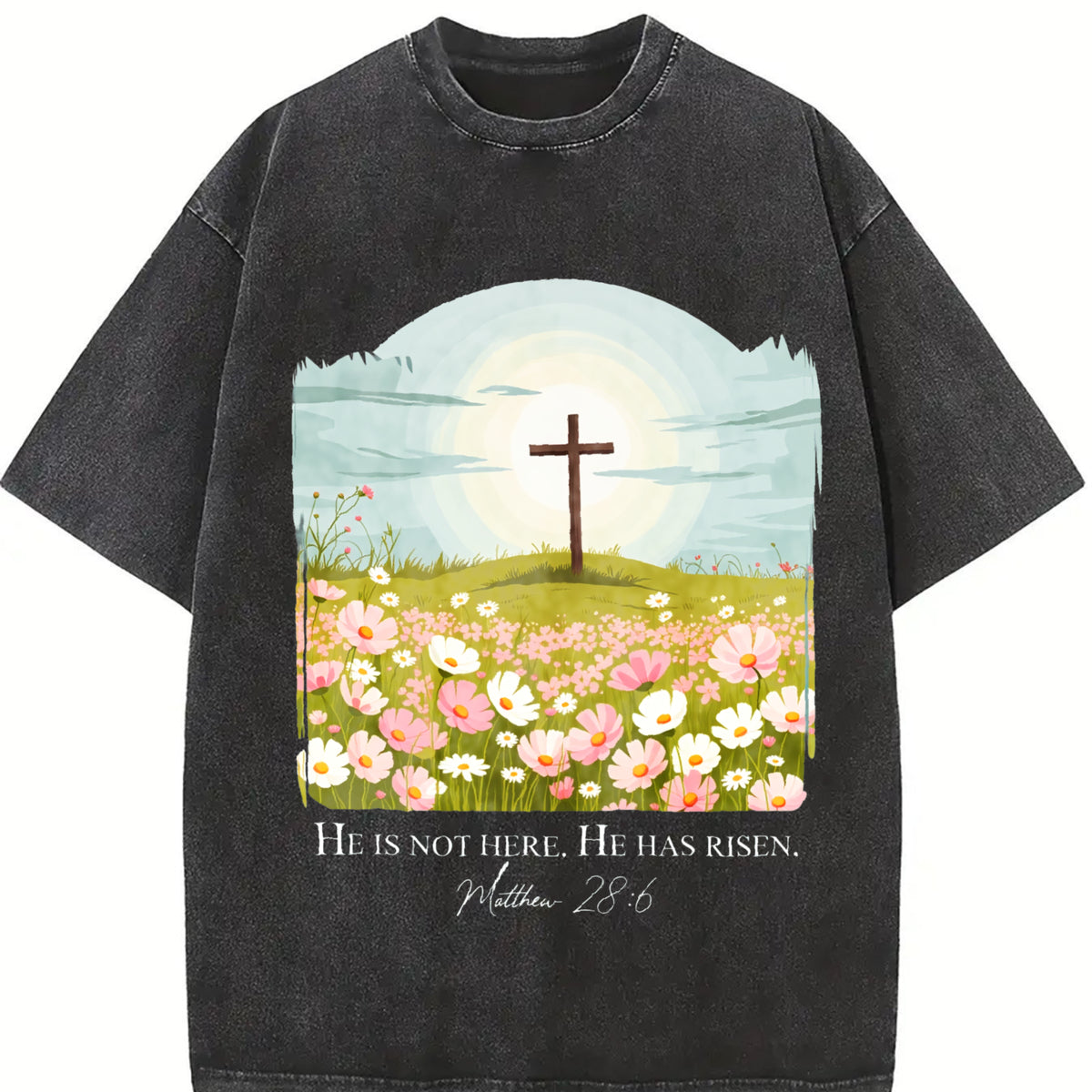 Christian Easter He Is Risen Vintage Washed T-Shirt in Black