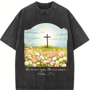 Christian Easter He Is Risen Vintage Washed T-Shirt in Black