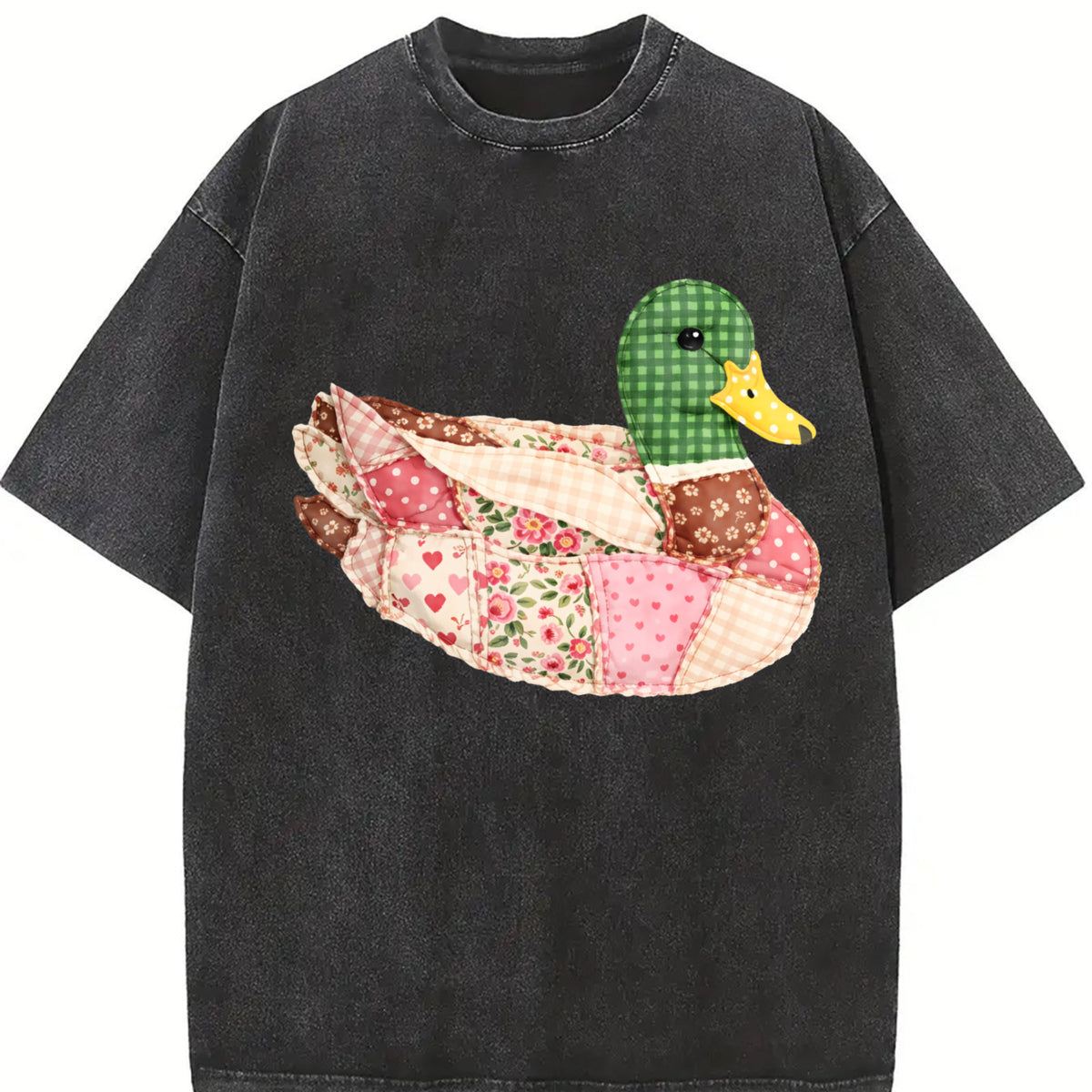 Mallard Duck Patchwork Duck Vintage Washed T-Shirt in Black