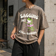 Sagging but Still Gagging Frog Cringe Meme Vintage Washed T-Shirt in Brown