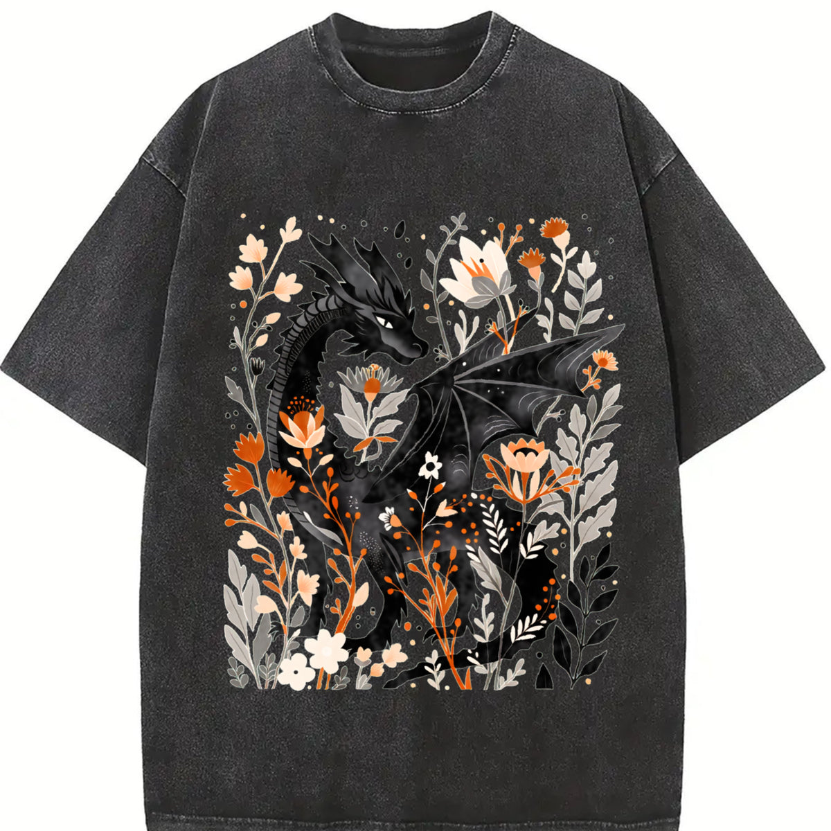 Fantasy Black Dragon Gentle Floral Vintage Washed T-Shirt in Black