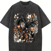 Fantasy Black Dragon Gentle Floral Vintage Washed T-Shirt in Black