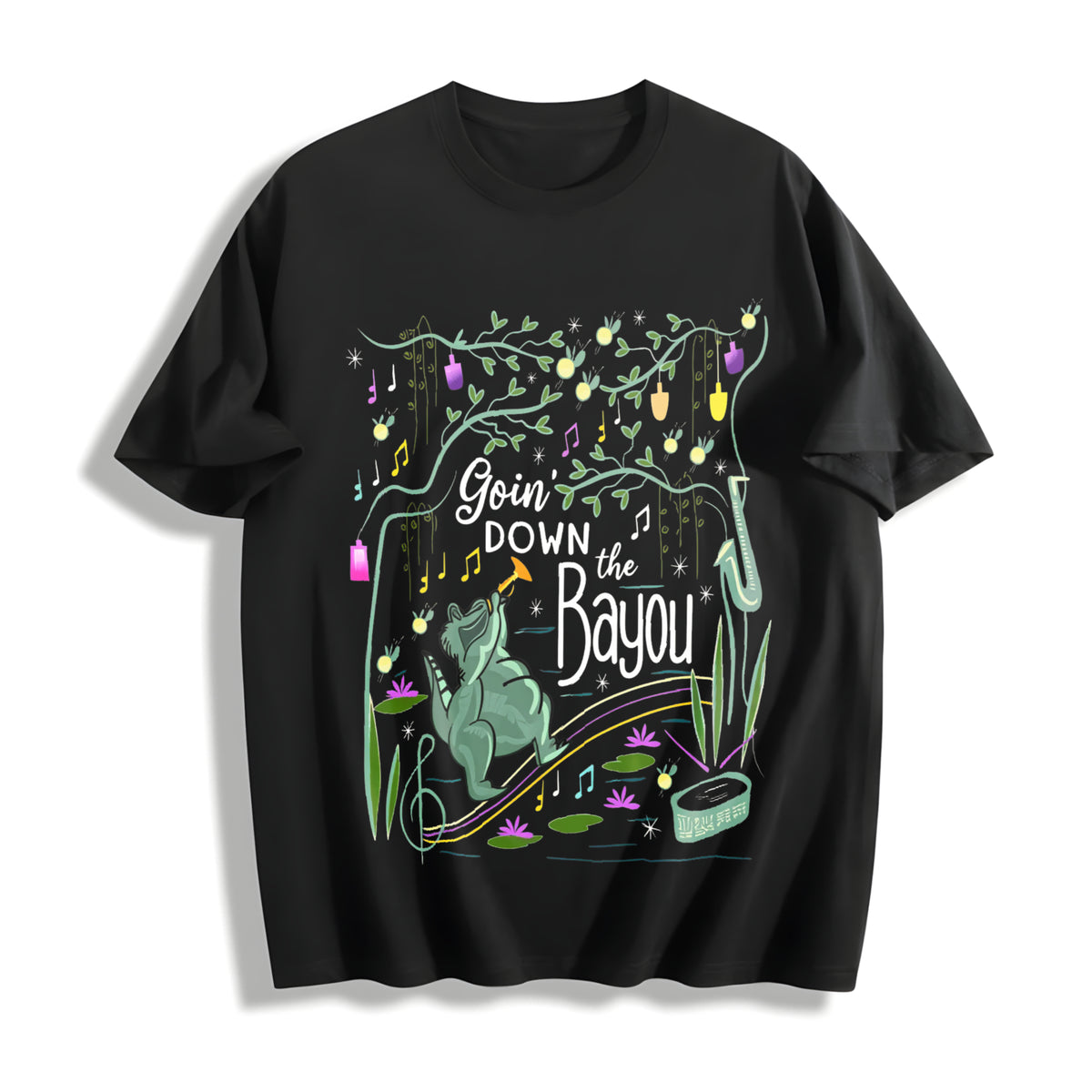 New Orleans Bayou Goin Down the Bayou Cotton T-Shirt in Black