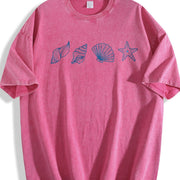 Seashells Embroidered Vintage Washed T-Shirt in Red