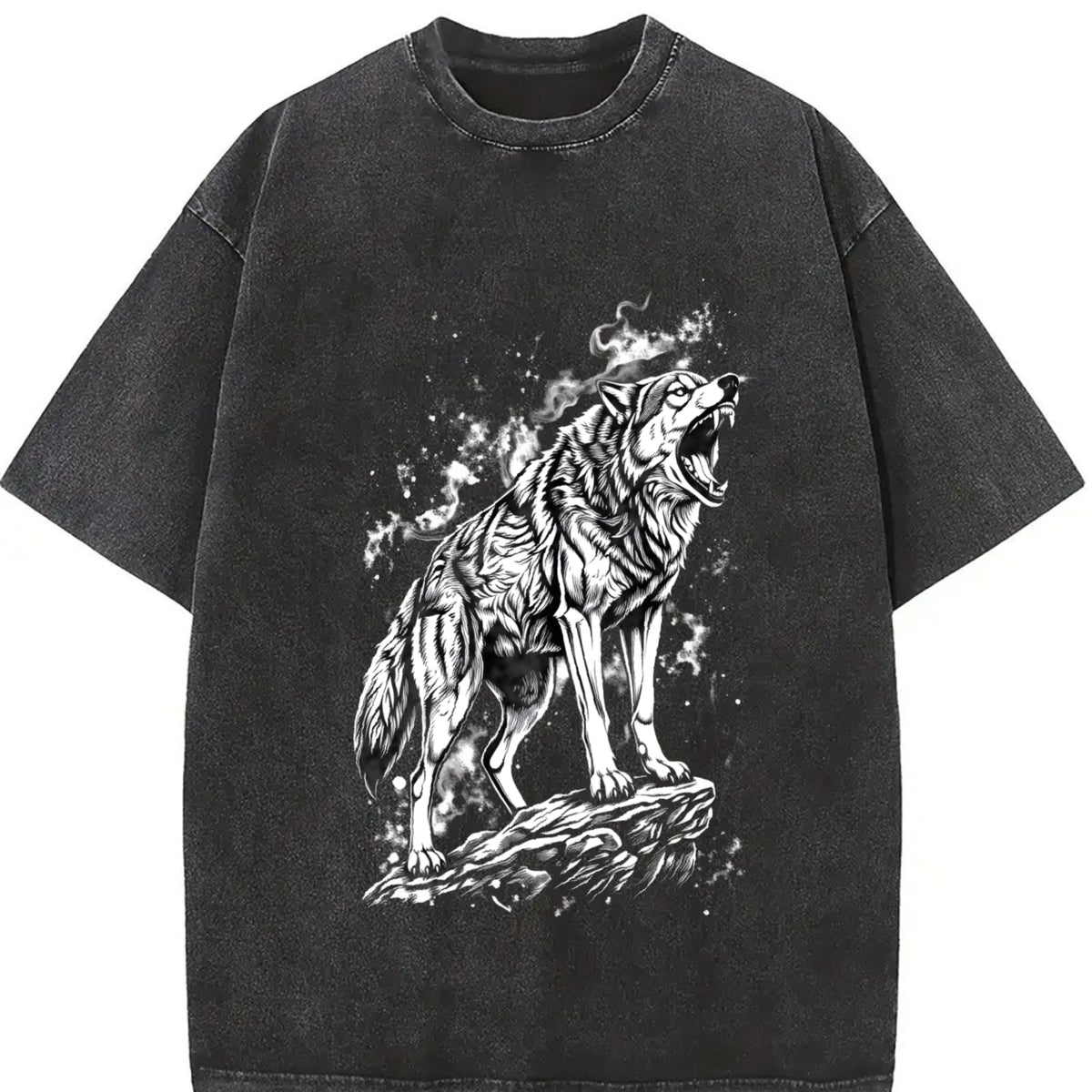 Wolf 90s Retro ® Grunge Wild Animal Y2k Vintage Washed T-Shirt in Black