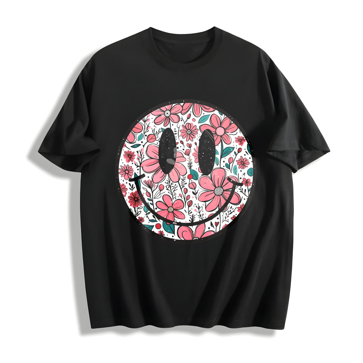 Floral Happy Face Mother's Day for Mom Cotton T-Shirt in Black