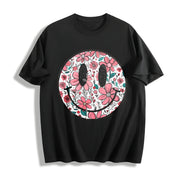 Floral Happy Face Mother's Day for Mom Cotton T-Shirt in Black