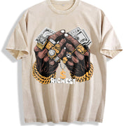 Hip Hop Finance Wealth Symbol Vintage Washed T-Shirt in Beige