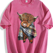 Scottish Highland Cow Plaid Vintage Washed T-Shirt in Red