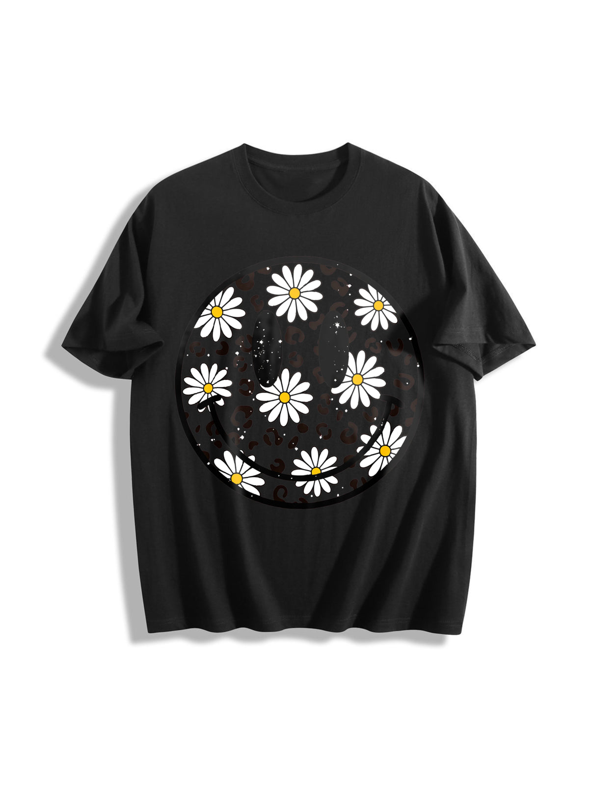 Daisy Floral Happy Face Cotton T-Shirt in Black