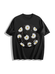 Daisy Floral Happy Face Cotton T-Shirt in Black