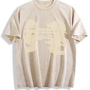 Fun Retro Shriek Rock Patterned Grid Vintage Washed T-Shirt in Beige