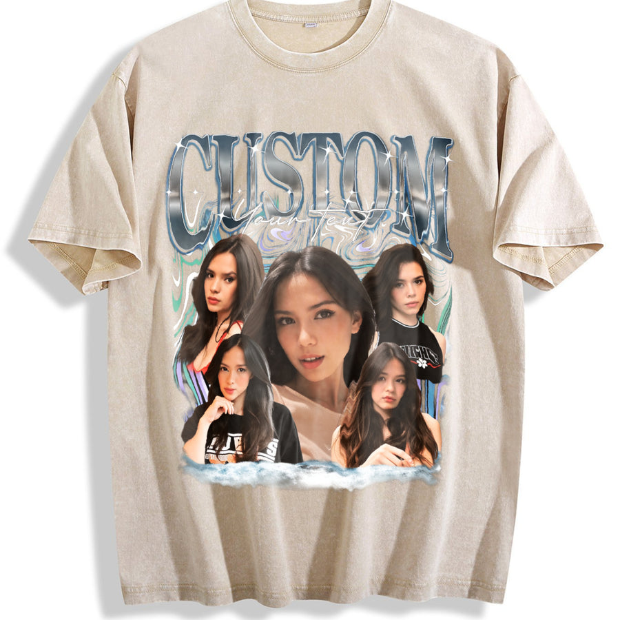 Custom Photo Bootleg Girlfriend 6 Face 90s Retro vintage washed oversized T-shirt in Beige