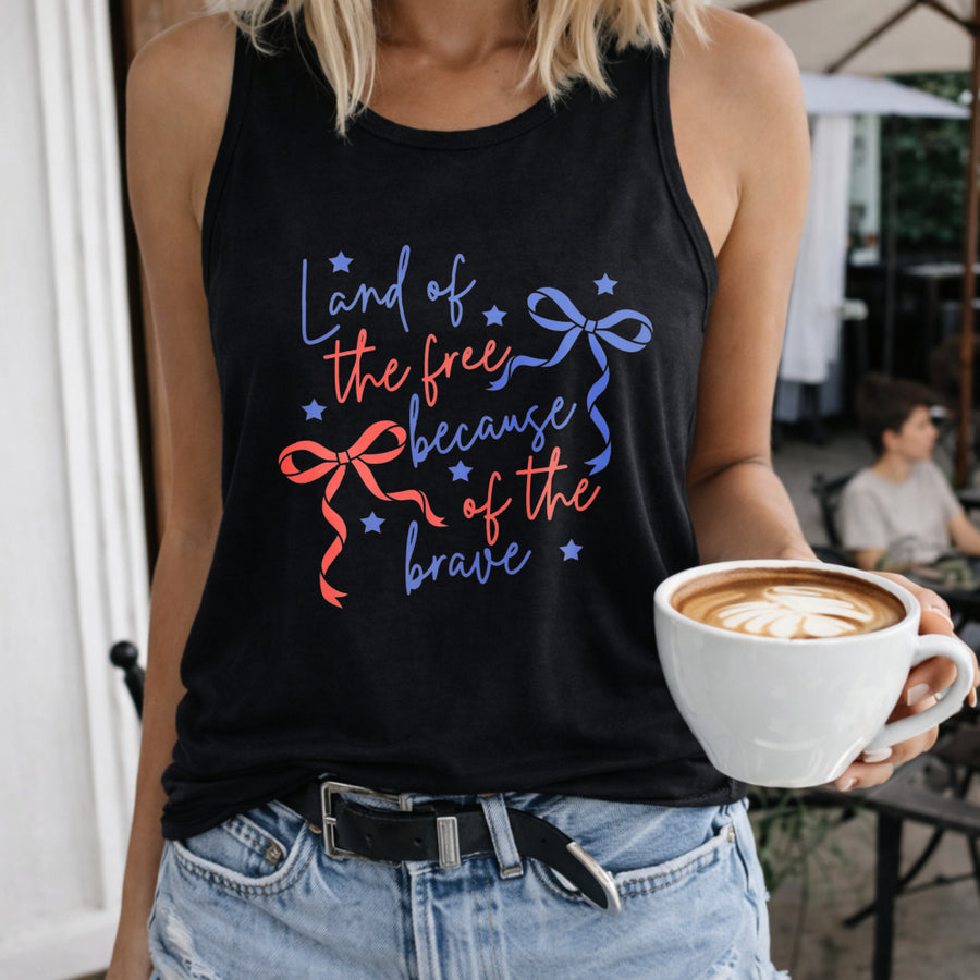 Land of the Free Because of the Brave Women's Color Cotton Tank Top in Black