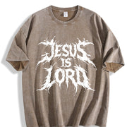 Jesus Is Lord Bold Metal Christian Faith Vintage Washed T-Shirt in Brown