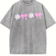 Daisy Bow Embroidered Vintage Washed T-Shirt in Gray