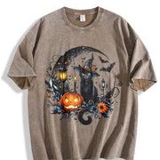 Gothic Witch Black Cat & Bats Vintage Washed T-Shirt in Brown