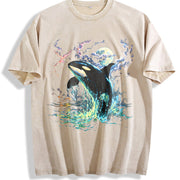 Orca Midnight 90s Retro Killer Whale Vintage Washed T-Shirt in Beige
