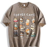 Coffee Cats Cat Drink Vintage Washed T-Shirt in Brown