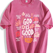 God Is Good All the Time Christian with Floral& Faith Vintage Washed T-Shirt in Red