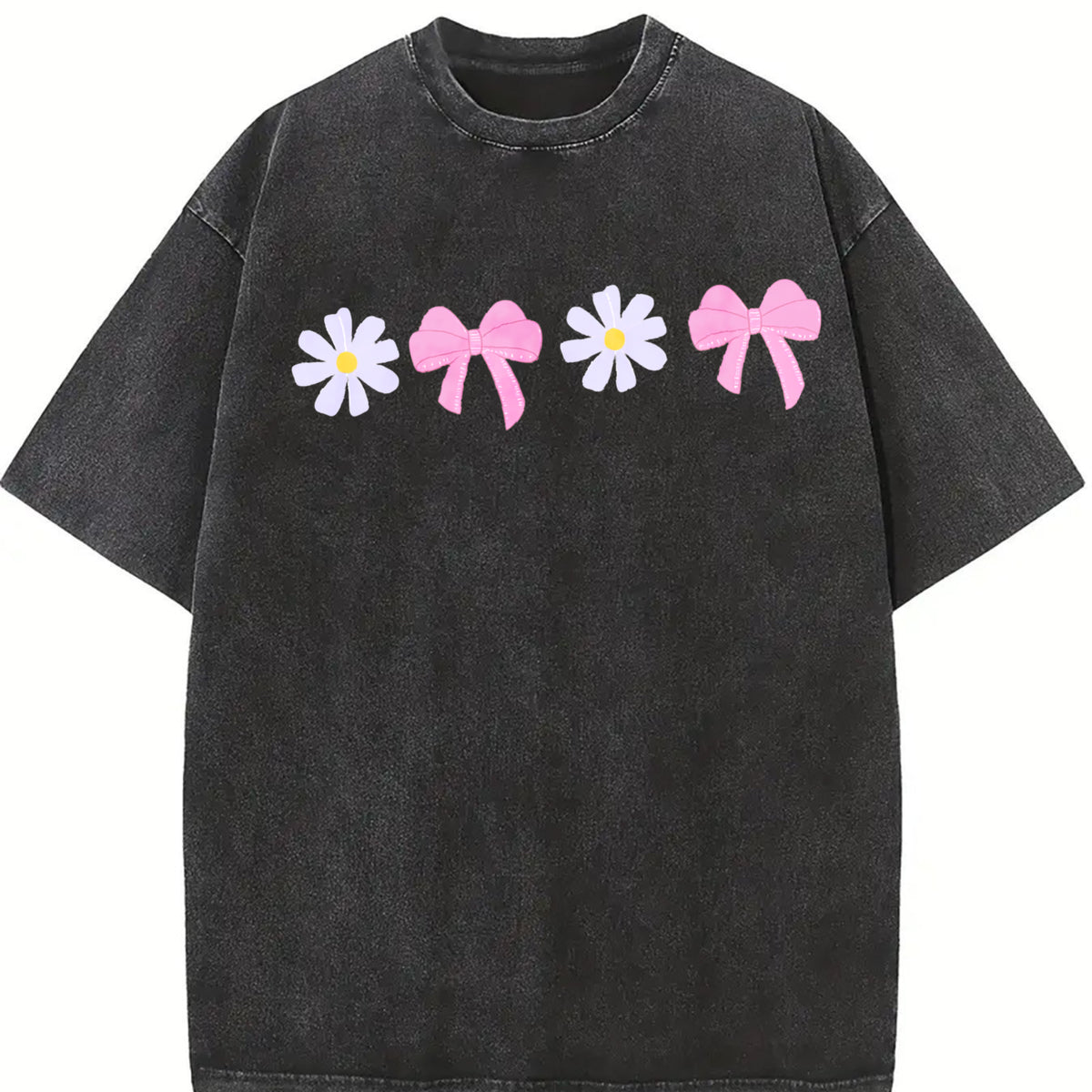Daisy Bow Embroidered Vintage Washed T-Shirt in Black