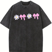Daisy Bow Embroidered Vintage Washed T-Shirt in Black