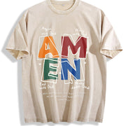 AMEN Classic Letter Header for Distressed God Bless Vintage Washed T-Shirt in Beige