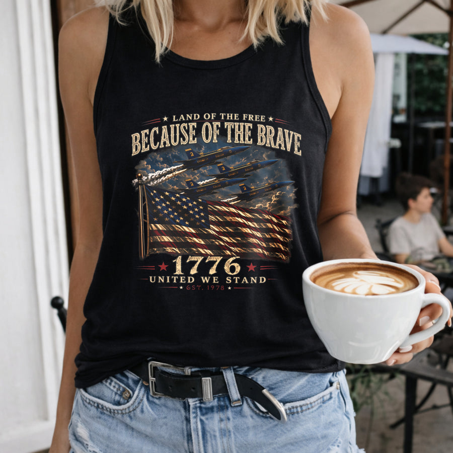 Because of the Brave 1776 Flag Women's Color Cotton Tank Top in Black