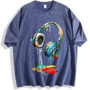 Loose Single Side - With Vibrant Headphones Drip Paint vintage washed oversized T-shirt in Blue