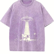 Retro Cow and Western UFO 90s Vintage Washed T-Shirt in Purple