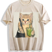 A Stylish Cat and Drink Vintage Washed T-Shirt in Beige