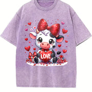 Valentine's Day Winter Cow Wearing Diamond Bow LOVE Vintage Washed T-Shirt in Purple