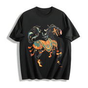 New Year's Winter Ethnic Exotic Golden Edition Black Horse Cotton T-Shirt in Black