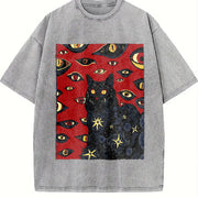 Cat and Red Eyes Gothic Vintage Washed T-Shirt in Gray
