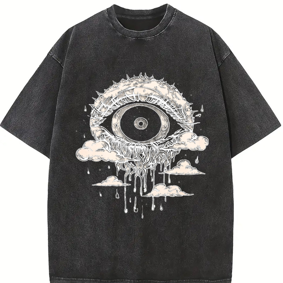 Gothic Evil Eye Dripping Cloud Sleeveless Tank Vintage Washed T-Shirt in Black