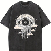 Gothic Evil Eye Dripping Cloud Sleeveless Tank Vintage Washed T-Shirt in Black