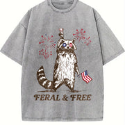 And. Pure Raccoon Flag and Firework Patterns Vintage Washed T-Shirt in Gray