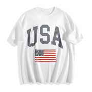 Usa Flag Pullover Loose-fitting for Autumn & Winter Cotton T-Shirt in White