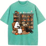 Retro Ghost Reading Books Vintage Washed T-Shirt in Blue